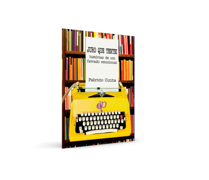 juro que tentei - historias de um ferrado emocional a capa do livro tem de fundo uma prateleira cheia de livros coloridos e uma maquina de escrever a frente dos livros